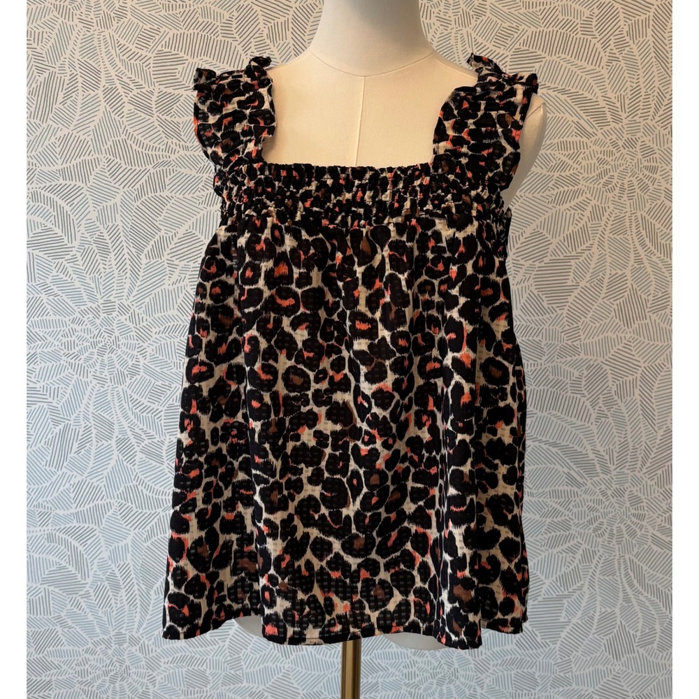 Who What Wear Leopard Print Figure Flattering Smocked Ruffle Tank Coral Black L
